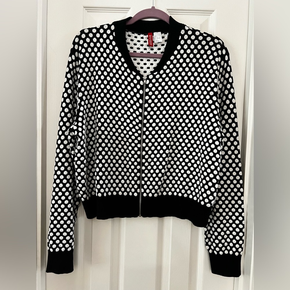 H&M, Black and White Polka Dot Aviation Bomber Style Textured Knit Jacket.